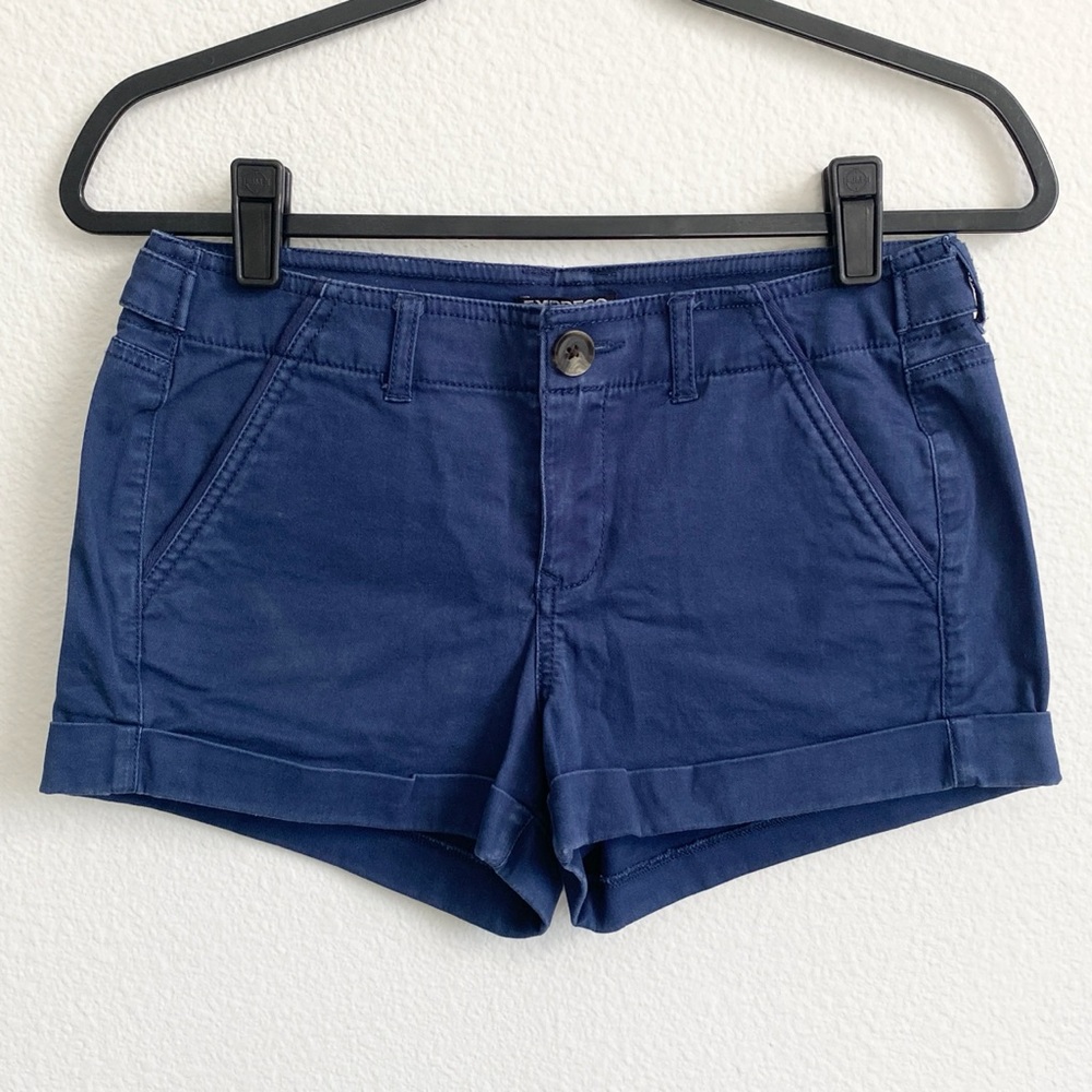 Express Women's Mid Rise Dark Blue Rolled Cuff Shorts